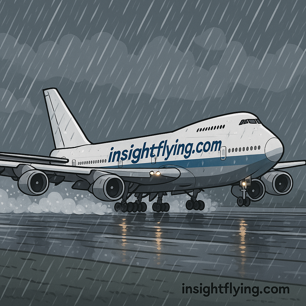 Boeing 747 landing on the wet runway with heavy thunderstrom rain