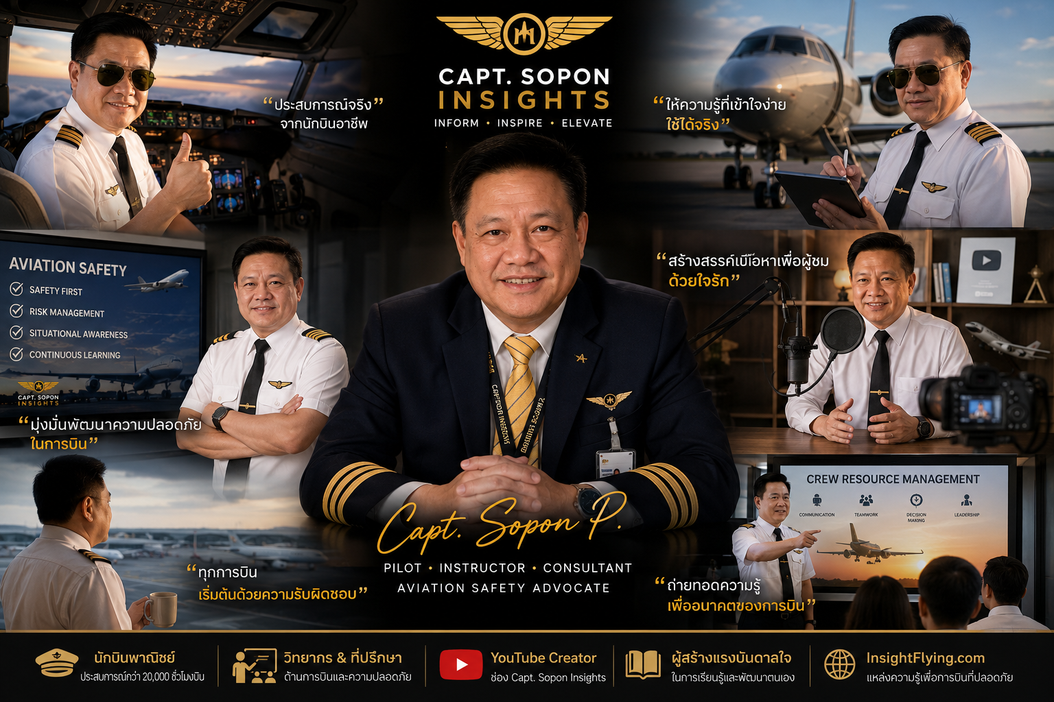 กัปตันโสภณ พิฆเนศวร ผู้เขียนหนังสือ A Pilot Books และหนังสือความรู้ทั่วไปเกี่ยวกับการบิน แอดมินและเจ้าของเว็บไซต์ insightflying.com