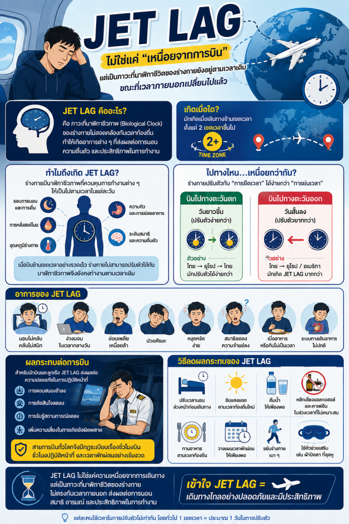 Jet Lag ไม่ใช่แค่ความเหนื่อยจากการเดินทาง
แต่เป็นภาวะที่นาฬิกาชีวิตของร่างกายยังคงทำงานตามเวลาเดิม
ในขณะที่โลกภายนอกเปลี่ยนเวลาไปแล้ว